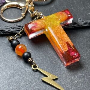 Custom Flaming Letter “T” Keychain with Carnelian, Black Onyx & Lightning Charm